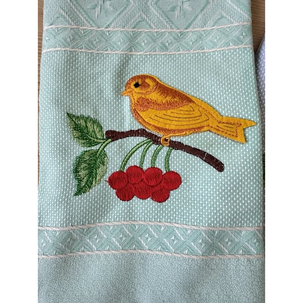 Embroidered Bird Cherry Guest Towels Set 3 Made Portugal Cotton